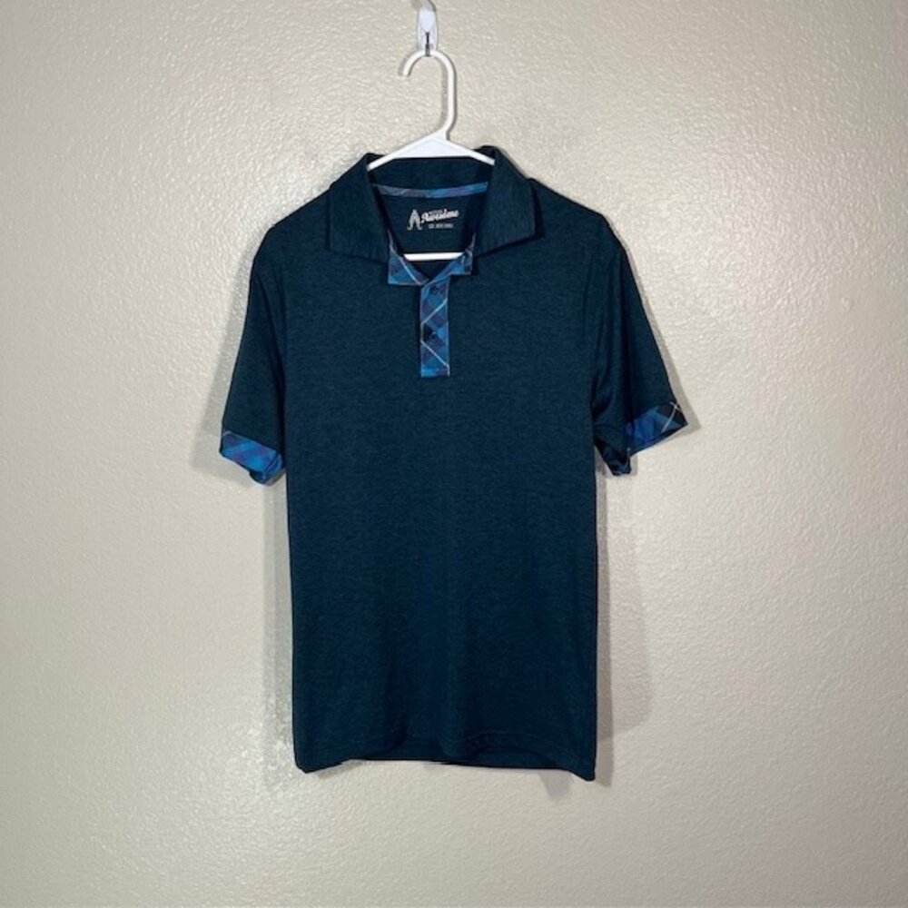 Royal and Awesome Golf Polo Mens Small Shirt Blue Tartan Plaid Stretch Athletic